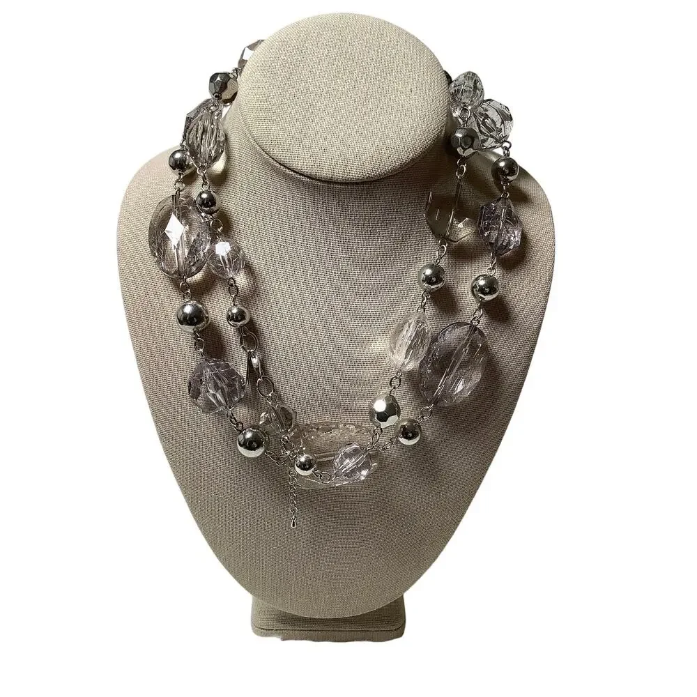NY New York Co Silver Tone Double Strand Clear Faceted Beaded Necklace F18-59